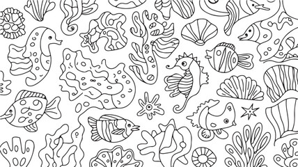 Whimsical hand drawn black and white line art illustration of various marine life and sea creatures in a chaotic pattern