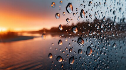 Close-up of raindrops on a glass window with a vivid sunset background