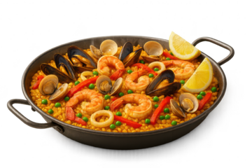 Authentic seafood paella dish isolated on transparent background, rich and delicious