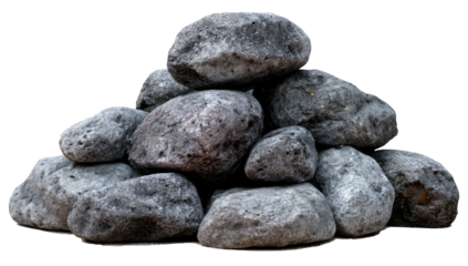 A pile of various-sized, weathered, gray river rocks stacked together on a transparent background