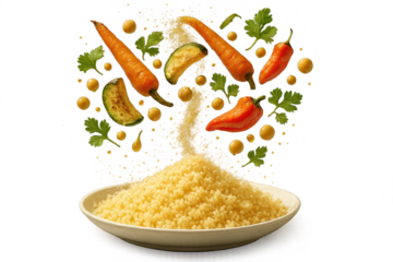 Vibrant couscous ingredients dynamically falling into a bowl, isolated on transparent background.