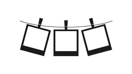 Monochromatic vector silhouette of three blank instant photo frames, each affixed to a curved string with a small clothespin.
