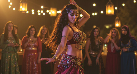 Belly dancer performing at night with audience in traditional attire  