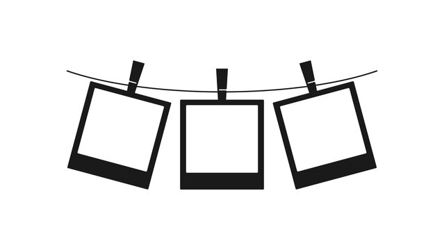 Monochromatic vector silhouette of three blank instant photo frames, each affixed to a curved string with a small clothespin.