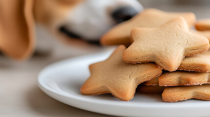 Star Cookies & Dog: A tantalizing stack of star-shaped cookies sits on a white plate, while a dog's blurry head peers in anticipation from the background.