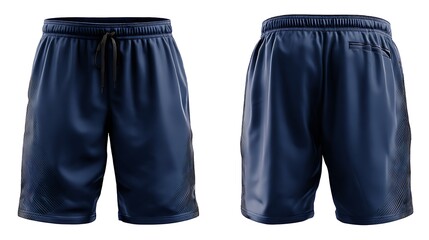 Front and back view of navy blue athletic shorts with drawstring waist