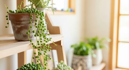 String of Pearls Plant on Wooden Shelf in Sunlight