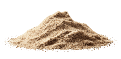 Isolated mound of fine, light-brown powder against a dark background, with detailed texture