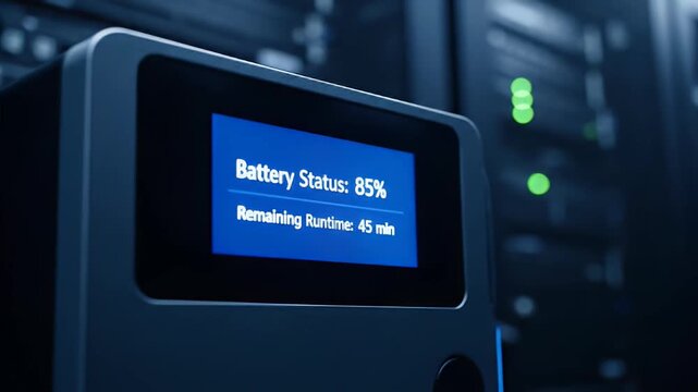 Battery Backup System Displaying Status and Runtime in a Server Room