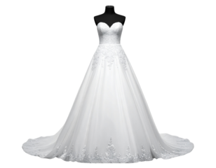  Elegant Wedding Dress with Lace Details and Flowing Train transparent background.