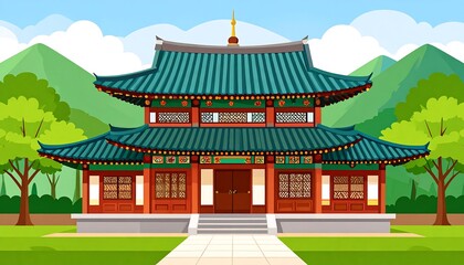 A colorful, stylized illustration depicts an Asian-inspired building with a multi-tiered teal roof set against green hills