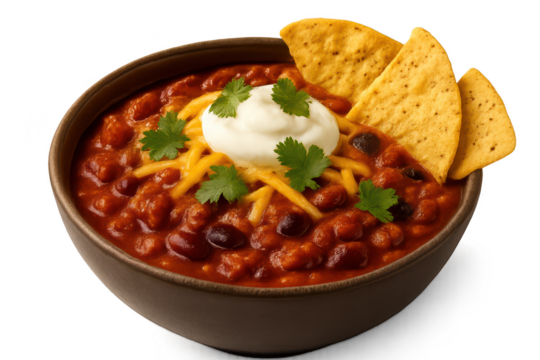 Hearty chili con carne with sour cream and cheese, isolated on a transparent background