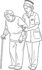 Nurse helping elderly woman walking with cane, senior care illustration, caregiver support drawing, healthcare assistance sketch, nursing compassion, medical aid artwork