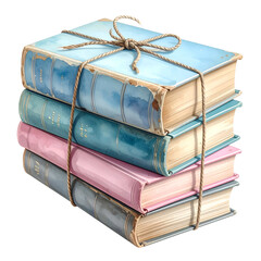 Watercolor illustration of a stack of old books tied with twine, with faded covers