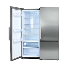 Stainless steel refrigerator with open door showing empty shelves, drawers, and bright interior