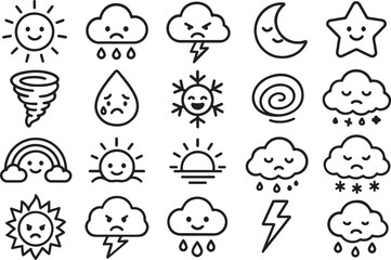 Fototapeta premium Collection of hand drawn weather icons with cute expressive faces representing different atmospheric conditions and emotions for design