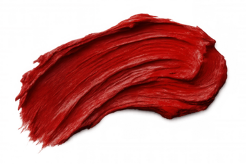 Red cosmetic product smearing a luxurious textured stroke, creating a vibrant paint swatch on transparent background