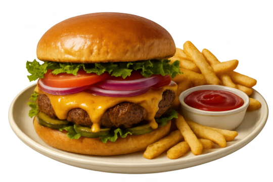 Classic cheeseburger, fries, and ketchup isolated on transparent background
