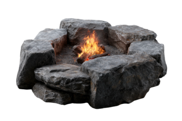 An outdoor fire pit built of large, gray, roughly hewn stones encircling burning logs