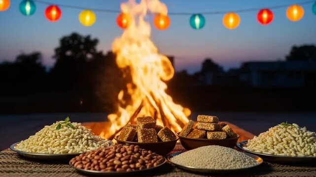 Celebration of Lohri with snacks and colorful lanterns by the bonfire at dusk