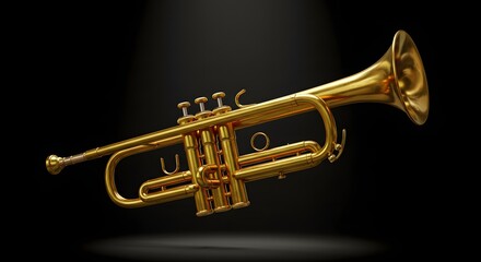 Obraz premium Shiny Golden Trumpet Isolated on Black Background with Spotlight Effect