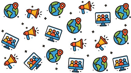 Repeating cartoon icons of worlds, megaphones, and video conference displays suitable for communication concept designs and digital marketing materials. - Powered by Adobe