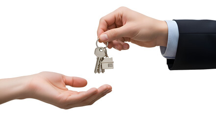Handing over keys with a house charm isolated on transparent background