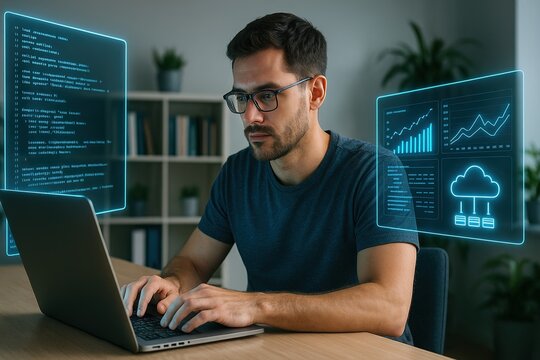  A software developer in casual attire sitting at a clean desk, typing on a laptop while futuristic holographic screens project programming code, data analytics charts