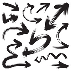 Hand Drawn Black Brush Arrows Set – Grunge Ink Directional Arrow Icons Isolated on White Background