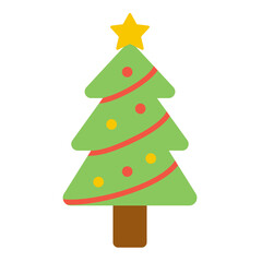 Flat icon of a decorated Christmas tree with balls and star. Great for festive celebration visuals, holiday marketing designs, and seasonal greeting cards.