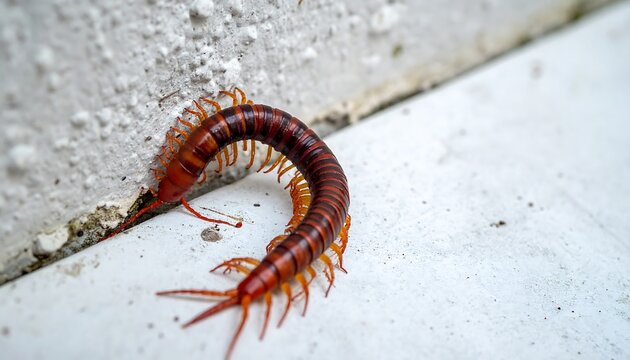 A close-up view of a red-and-brown segmented arthropod with many legs crawling along a white surface near a wall. The creature's body arches gracefully