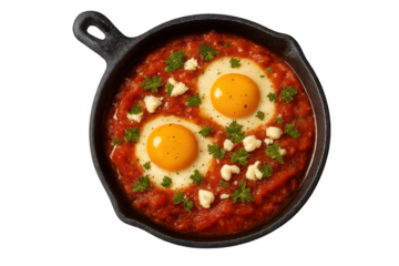 Delicious shakshuka in a cast-iron pan, isolated on transparent background, top view