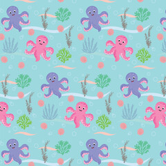 Ocean sea animals comic seamless pattern. Nautical undersea boundless background. Endless template design for paper print wrapper backdrop