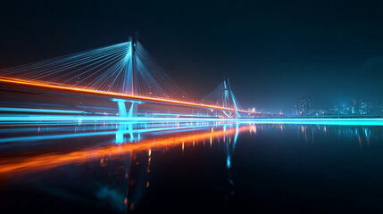 Obraz premium Night scene featuring a bridge with light trails and water reflections