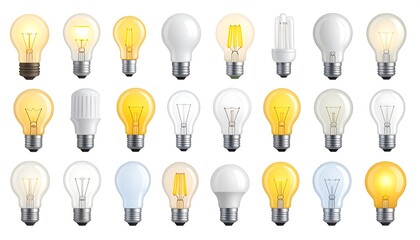A collection of various light bulb types, rendered in a realistic, illustrative style, with different shapes and glowing effects