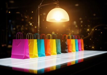 Festive counter glows under warm golden lights sparkling with colorful shopping bags across its surface while shimmering reflections enhance lively energy of celebratory retail scene