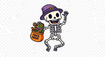 A happy cartoon skeleton in a purple hat waves while holding a trick-or-treat bag full of candy.