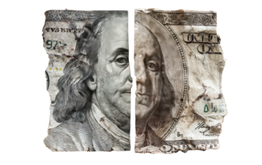 A split portrait of an elderly man on a paper currency, weathered look