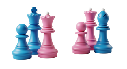 Blue pink chess pieces arranged on black isolated on a transparent background king