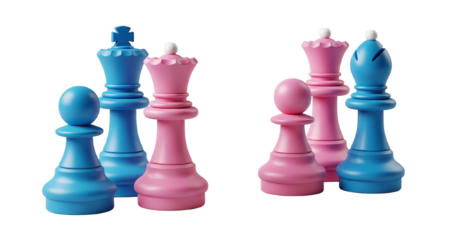 Blue pink chess pieces arranged on black isolated on a transparent background king