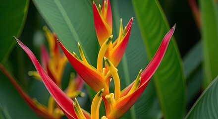 Vibrant Heliconia Flower in Tropical Garden with Lush Green Leaves