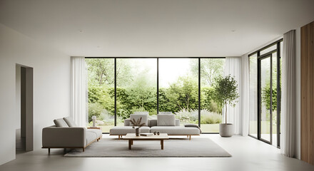 Fototapeta premium Modern Living Room with Gray Sofas and Garden View