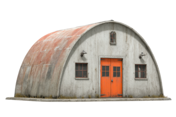 A weathered, arched structure with an orange door and small windows, appears isolated