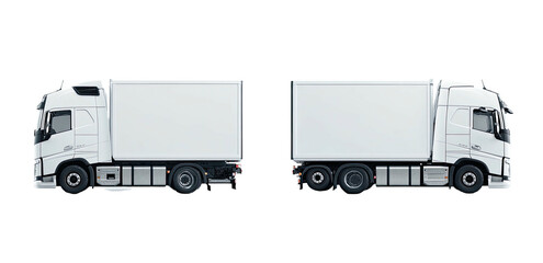 Side-view of two semi-trucks isolated on a black background, showcasing their white cargo boxes