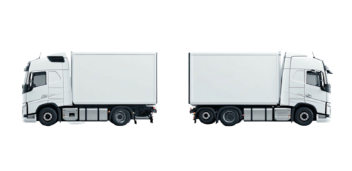 Side-view of two semi-trucks isolated on a black background, showcasing their white cargo boxes