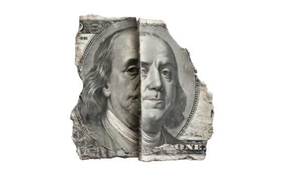 Torn currency, split down the middle, featuring portrait on a black background