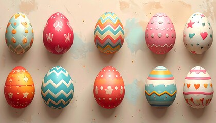 A dozen vibrantly decorated eggs are displayed in a row. Each one features unique patterns, from hearts and stars to zigzags and simple dots