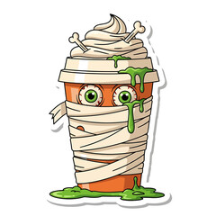 Cartoon illustration of a mummy-themed drink with whipped cream and bone decorations.
