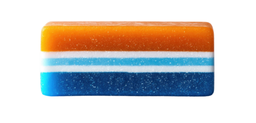 A rectangular, layered candy composed of orange, white, blue, and dark blue bands. The shape is stylized