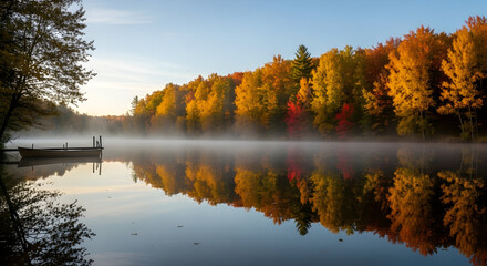 Obraz premium Misty Lake Reflecting Colorful Autumn Trees at Sunrise